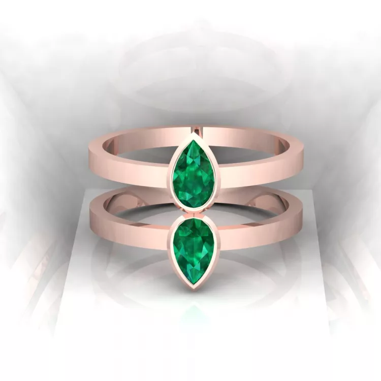 Bague Mot d'amour double - taille poire - or rouge - Emeraude