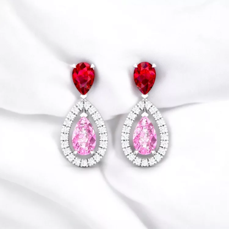 Boucle d'oreille Eternity II · Taille poire - Rubis, Saphir rose et Diamant blanc - or blanc - Maison Haddad Joaillerie