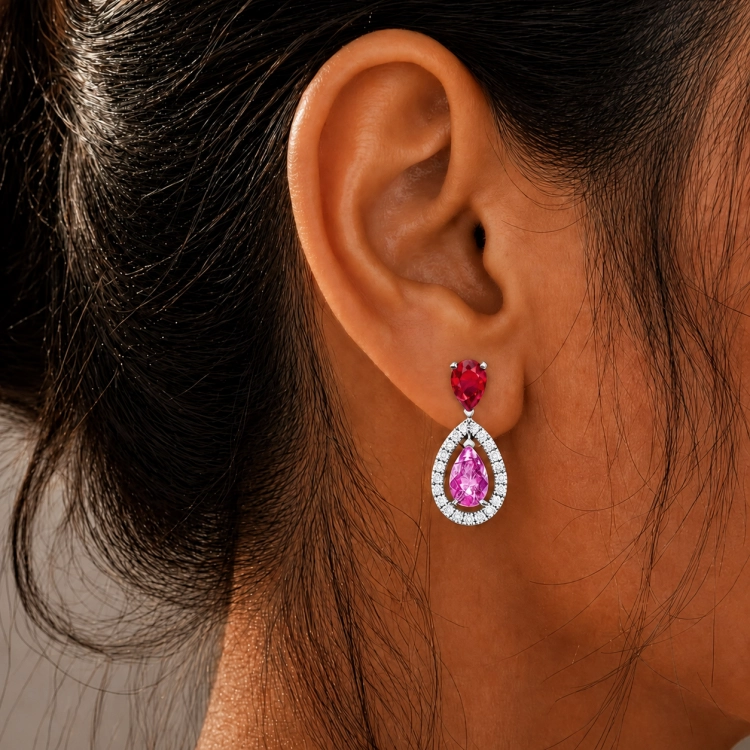 Boucle d'oreille Eternity II · Taille poire - Rubis, Saphir rose poire et Diamant blanc - or blanc - Maison Haddad Joaillerie