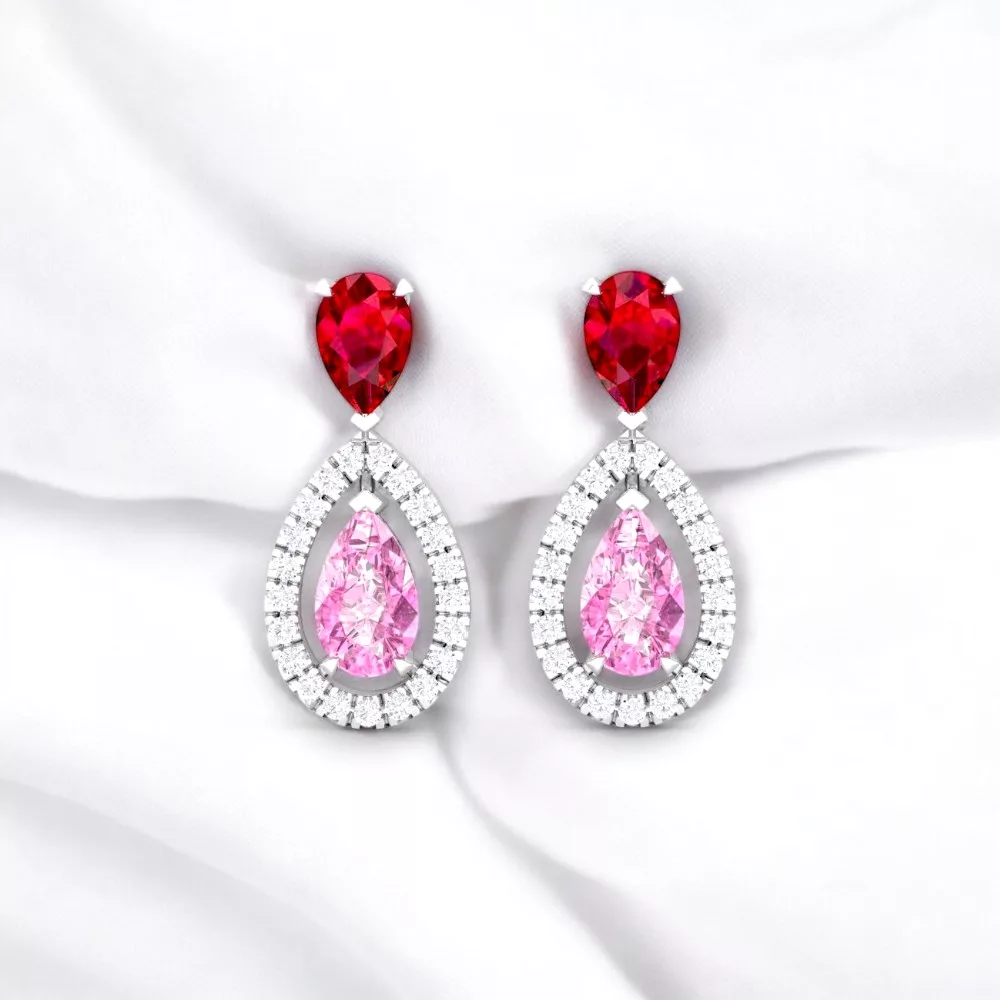Boucle d'oreille Eternity II · Taille poire - Rubis, Saphir rose et Diamant blanc - or blanc - Maison Haddad Joaillerie