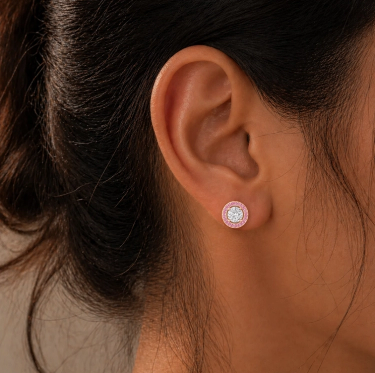 Boucle d'oreille Eternity II ·Saphir rose et Diamant blanc - Or rouge - Maison Haddad Joaillerie