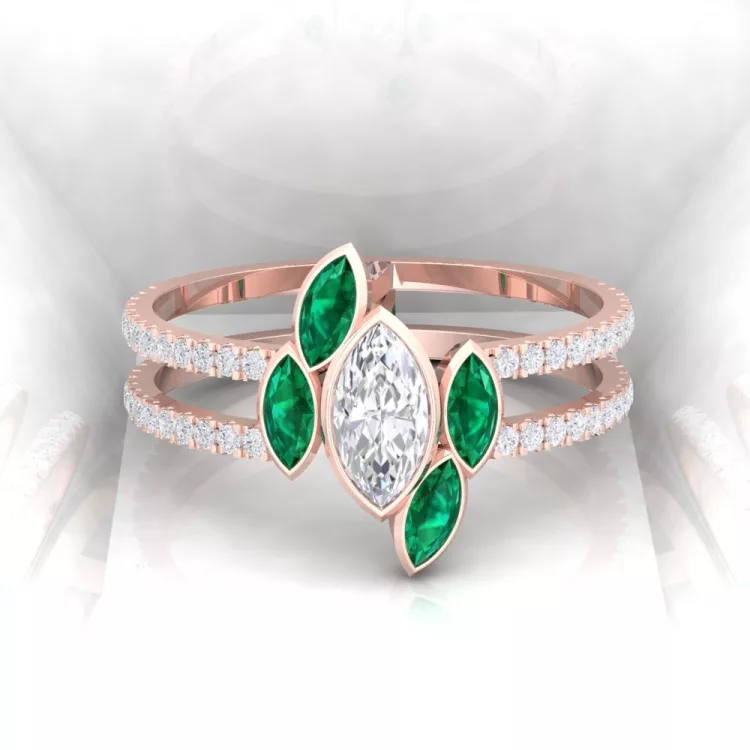 Bague Mot d'amour II - Marquises - Or rouge - Diamant blanc et emeraude