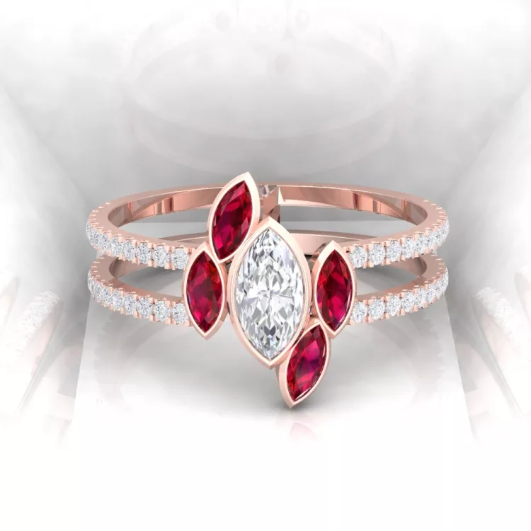 Bague Mot d'amour II - Marquises - Or rouge - Diamant blanc et rubis