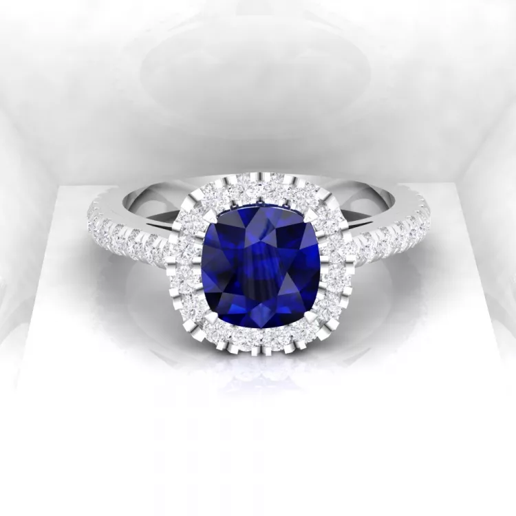 Solitaire Eternity - Diamant blanc et saphir bleu - Taille coussin - Or blanc