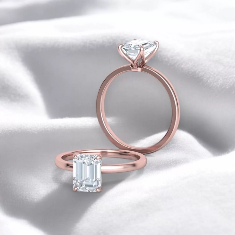 Solitaire Parisienne Or rouge - Diamant blanc taille émeraude
