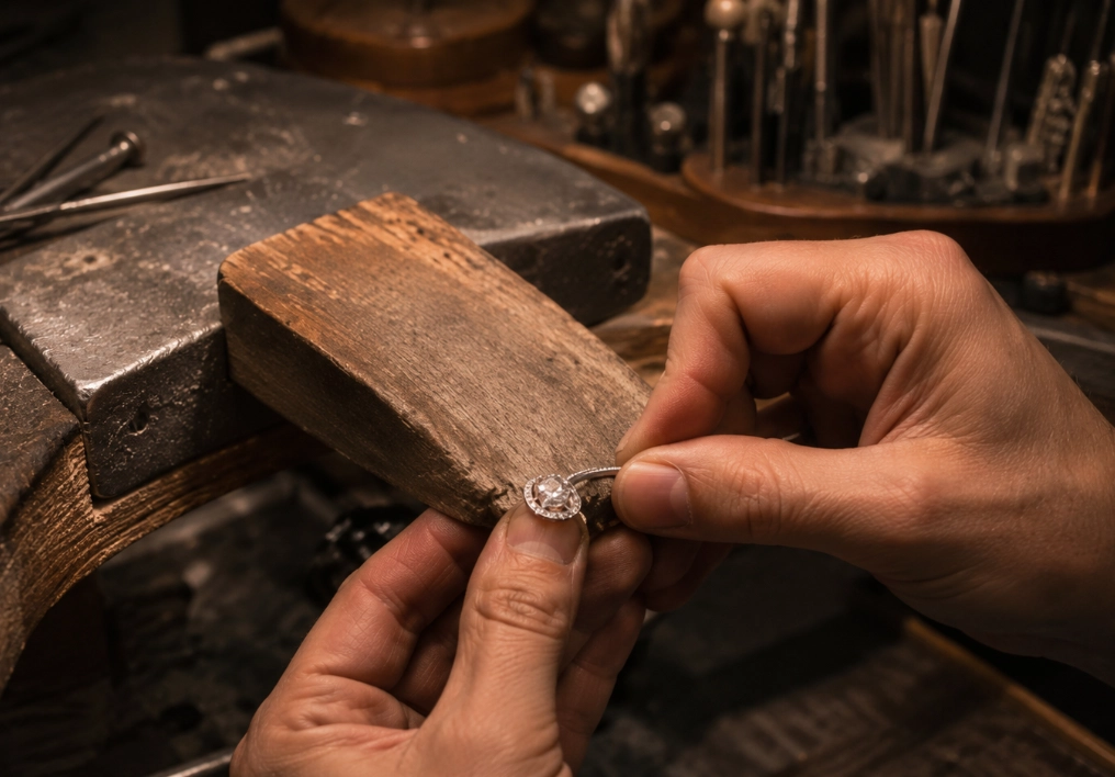 Artisan joaillier travaillant une bague à l'établi dans un atelier parisien