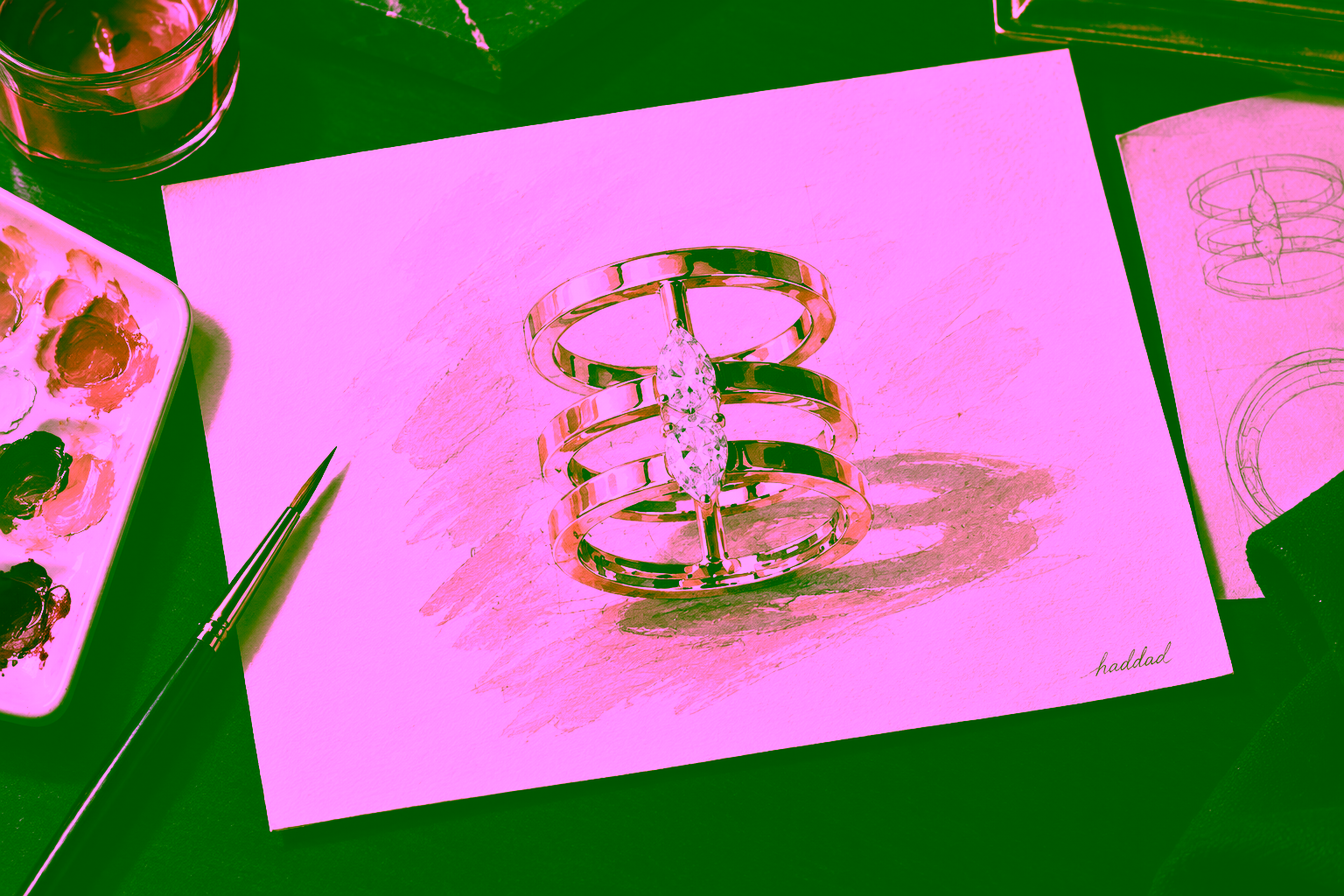 Dessin gouaché à la main d'une bague trois anneaux en or rose et diamants — Maison Haddad Joaillerie, Paris