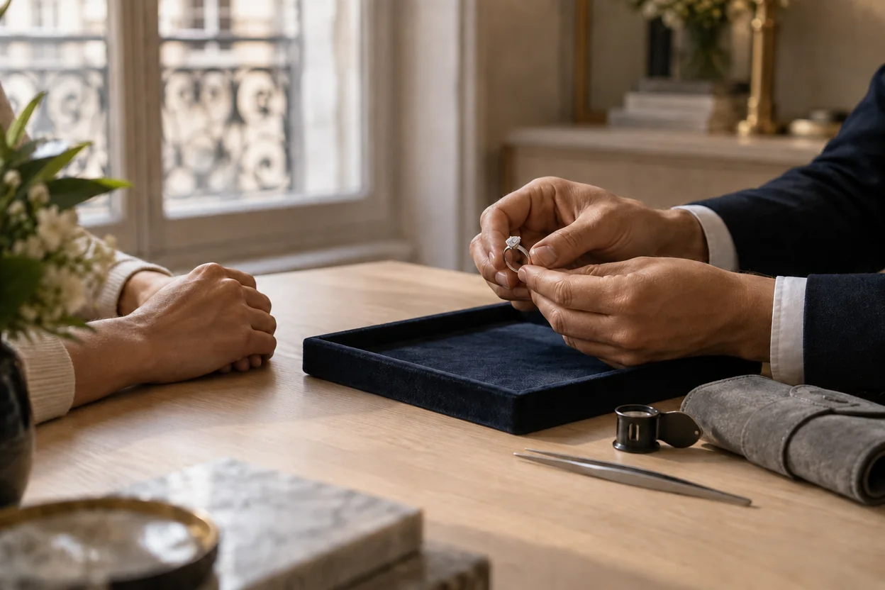 Présentation d'un solitaire diamant à une cliente lors d'un rendez-vous au showroom Haddad Joaillerie