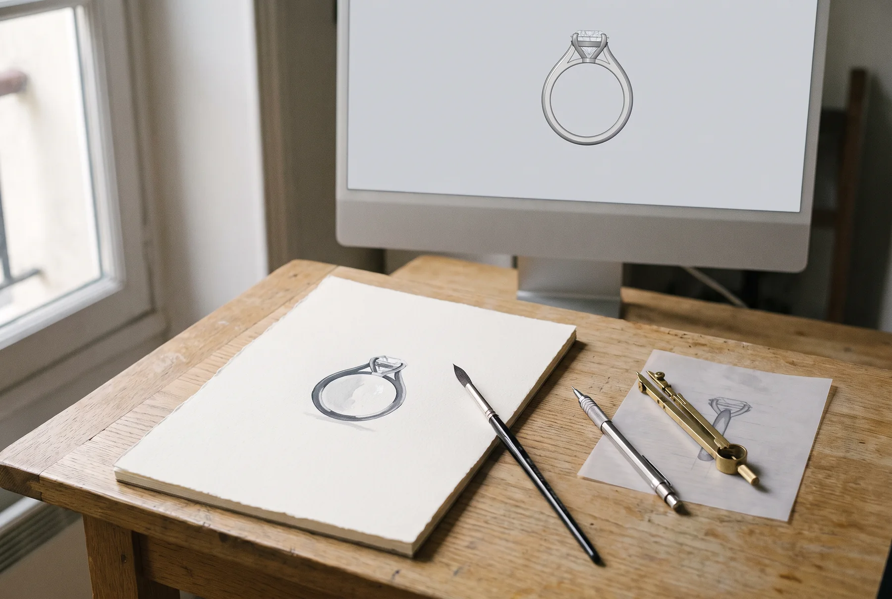 Gouache d'une bague solitaire sur papier, pinceau, compas et modélisation 3D à l'écran