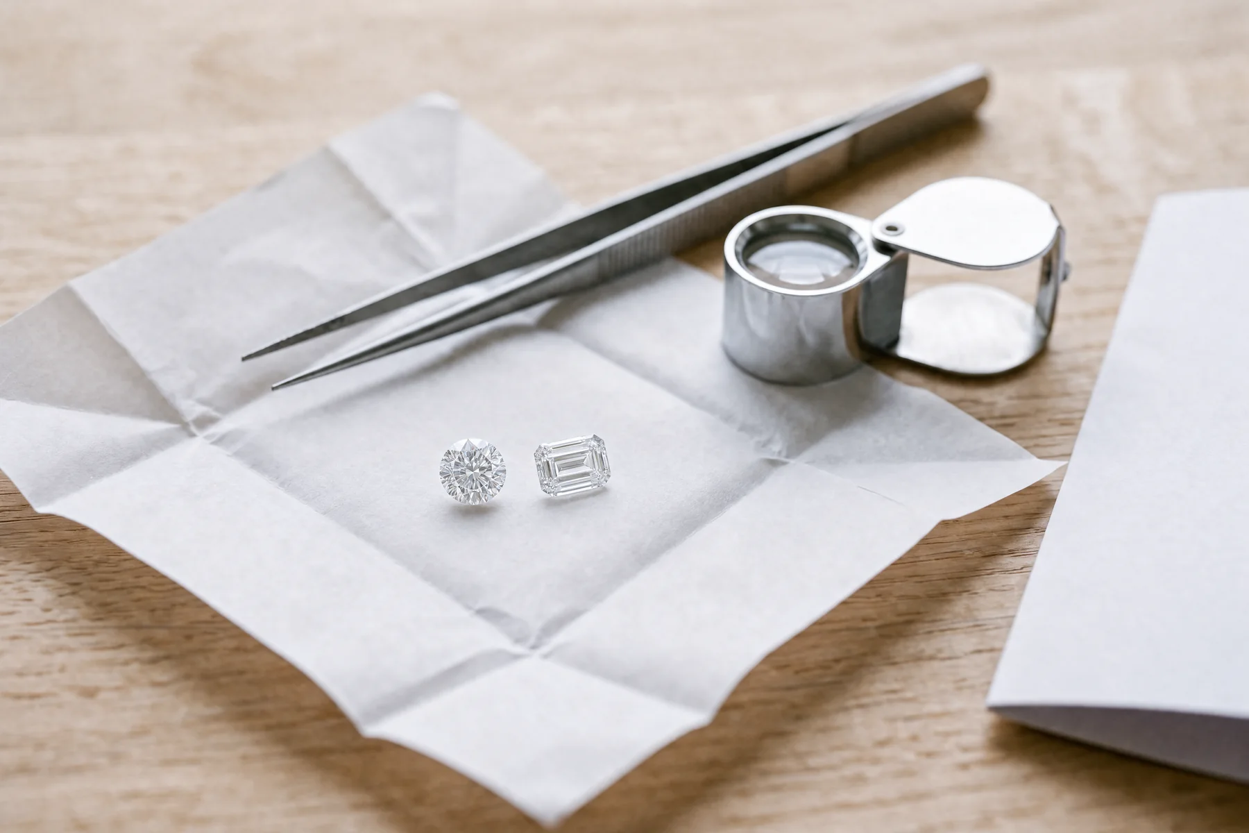 Deux diamants blancs taille ronde et taille émeraude sur papier diamantaire, pince et loupe de joaillier