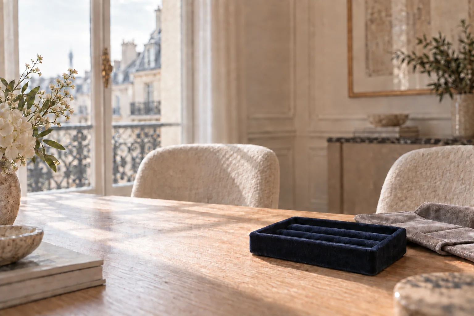 Table de présentation et plateau à bijoux en velours navy dans le showroom parisien de Haddad Joaillerie, Paris 9e